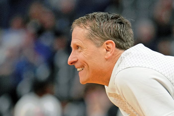 Arkansas Razorbacks head coach Eric Musselman reacts during the second half of their game against the Gonzaga Bulldogs in the semifinals of the West regional of the men's college basketball NCAA Tournament at Chase Center. The Arkansas Razorbacks won 74-68.